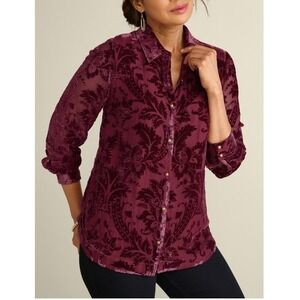 Soft Surroundings Womens XL Velvet Floral Button Up Shirt Top Purple Whimsigoth‎